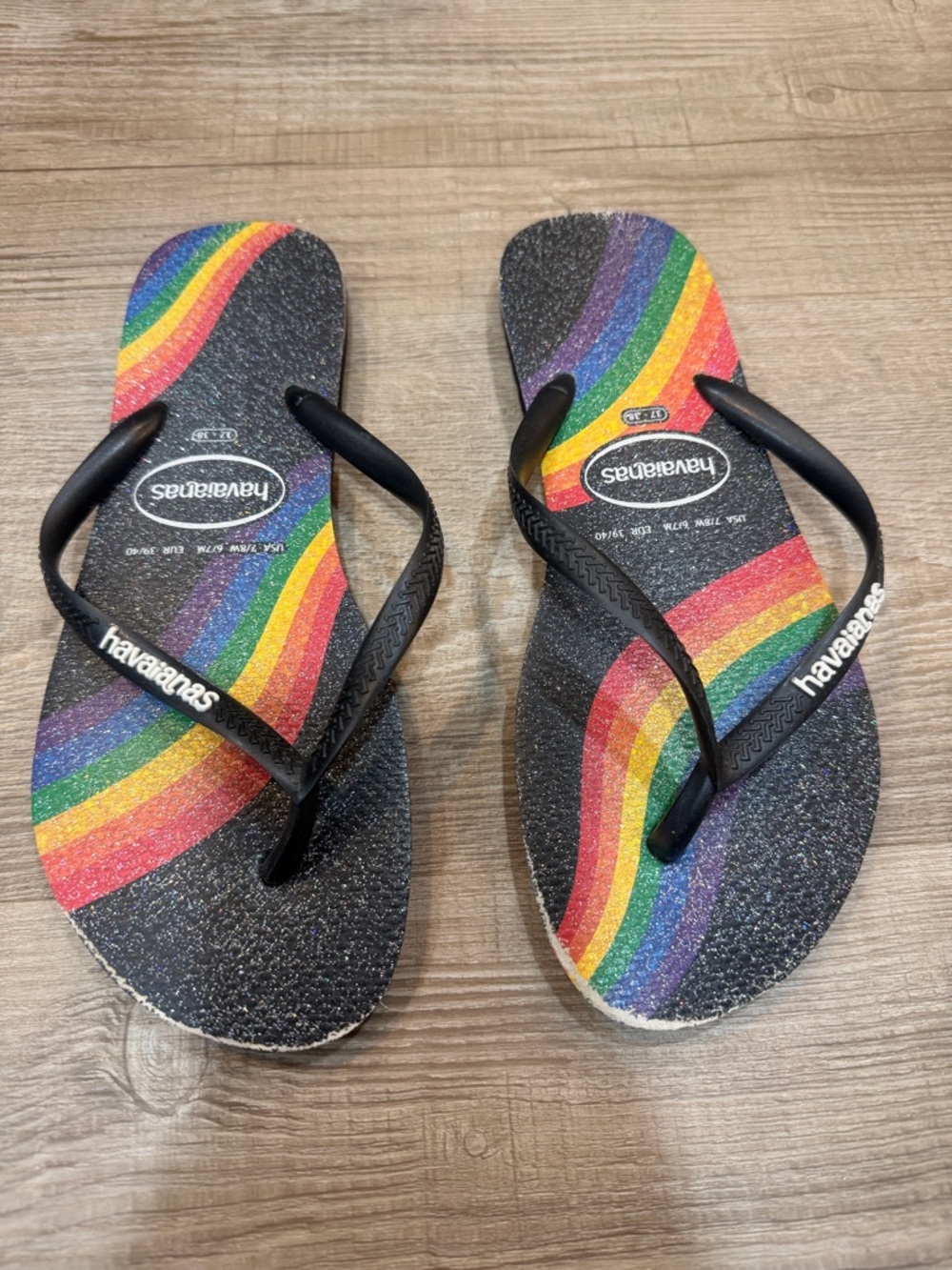 Havaianas Black Flip Flops with Rainbow Pride Glitter Stripes, US W 7/8